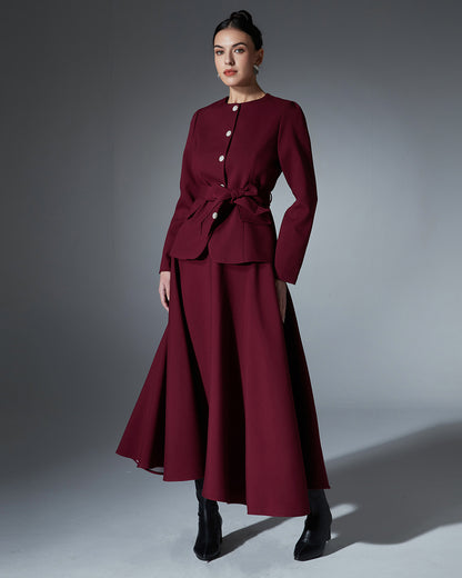Wine Red Blazer & Maxi Skirt Set with Bow Belt