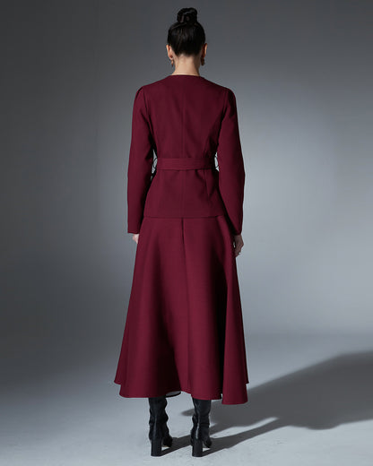 Wine Red Blazer & Maxi Skirt Set with Bow Belt