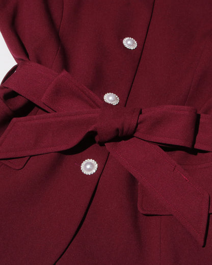 Wine Red Blazer & Maxi Skirt Set with Bow Belt