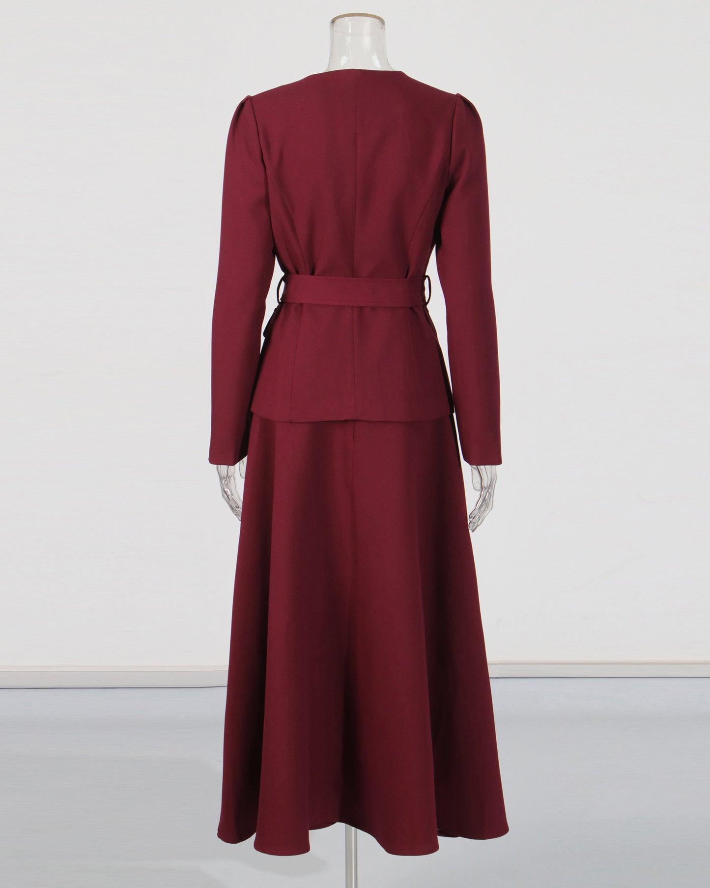 Wine Red Blazer & Maxi Skirt Set with Bow Belt
