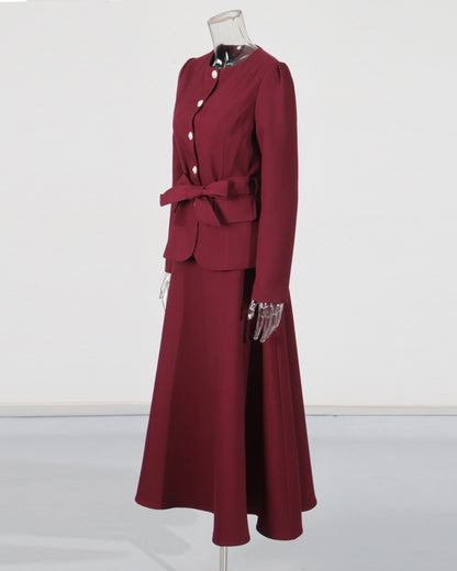 Wine Red Blazer & Maxi Skirt Set with Bow Belt