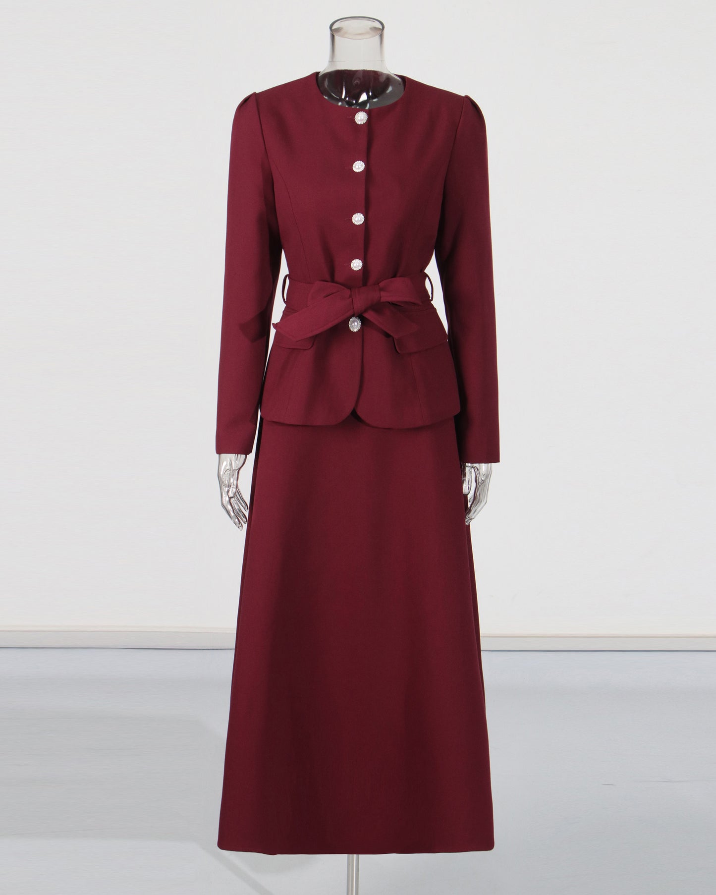 Wine Red Blazer & Maxi Skirt Set with Bow Belt