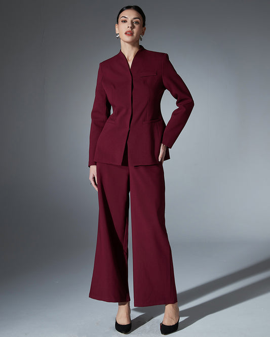 Wine Red Blazer & Wide-Leg Pants Two-Piece Set