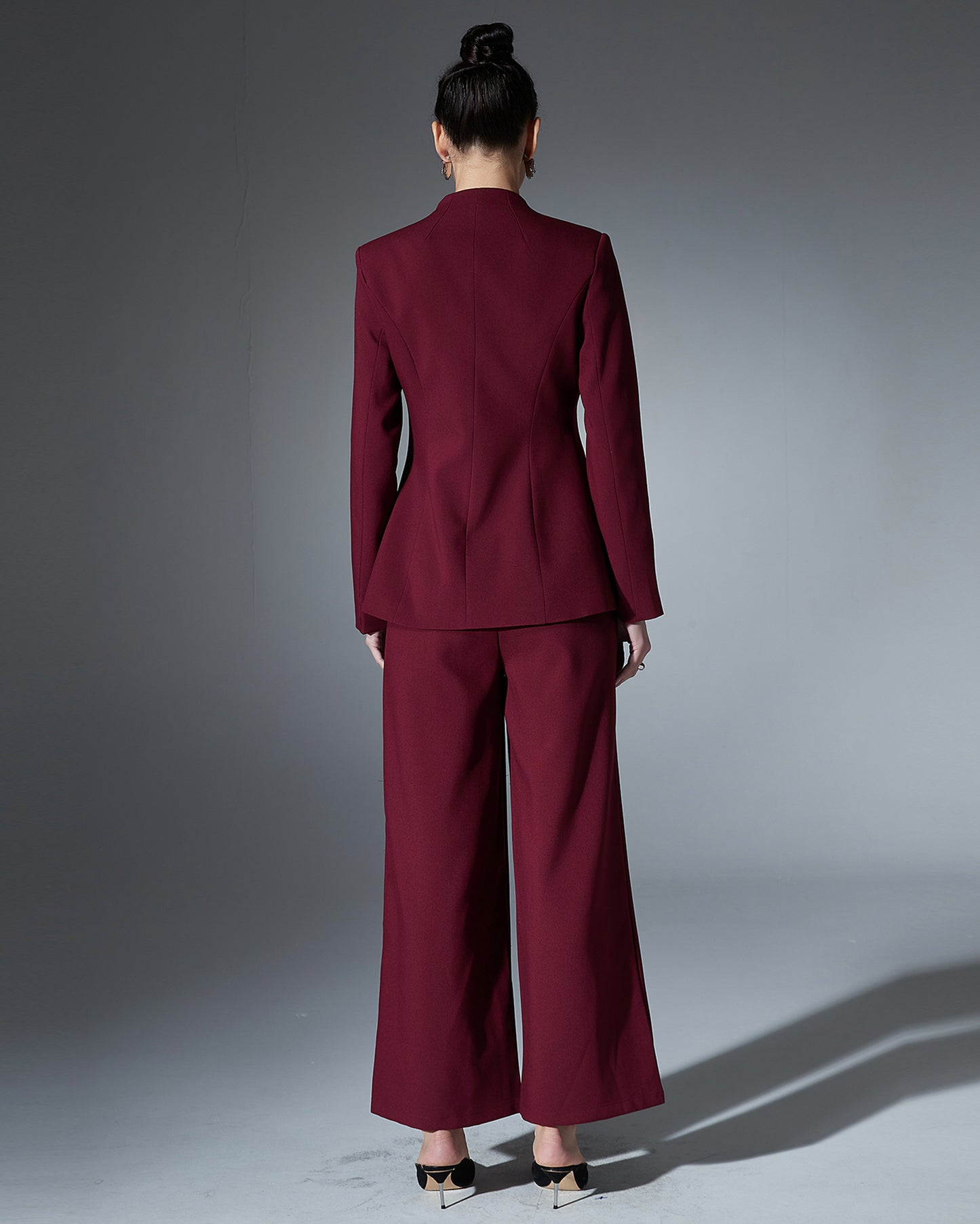 Wine Red Blazer & Wide-Leg Pants Two-Piece Set