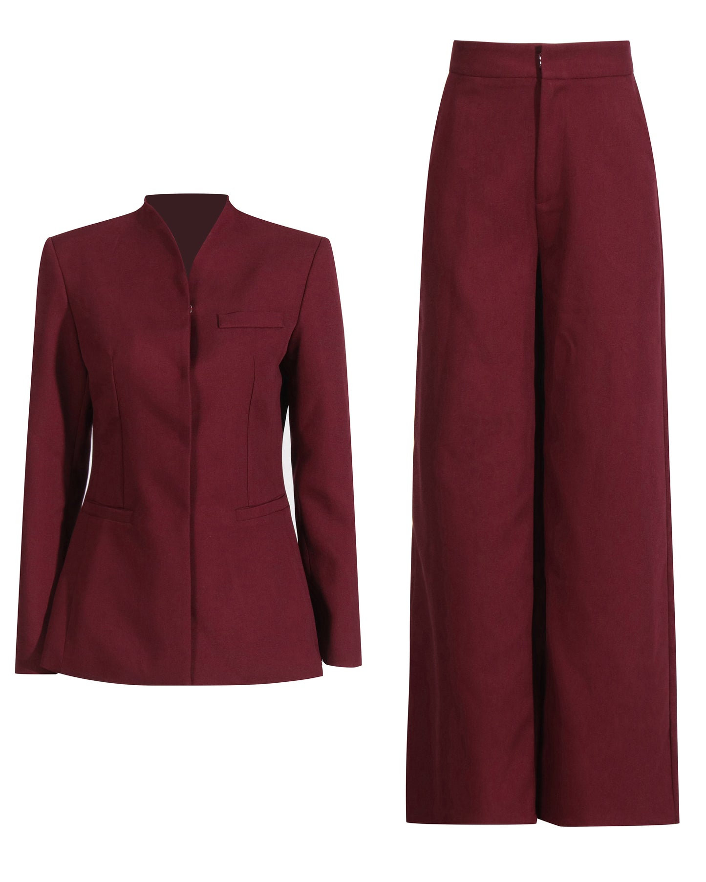 Wine Red Blazer & Wide-Leg Pants Two-Piece Set