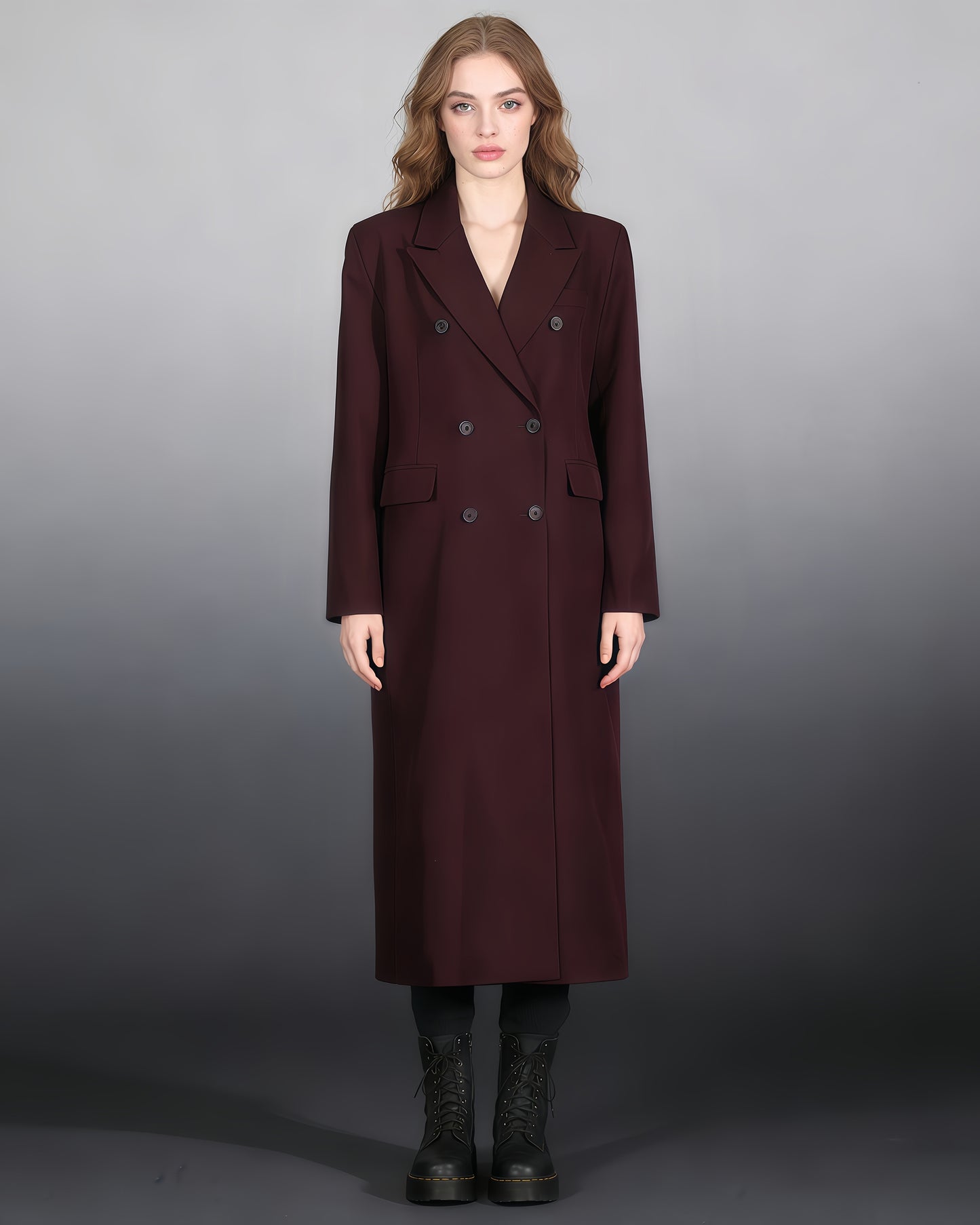 Wine Red Double-Breasted Longline Blazer Coat
