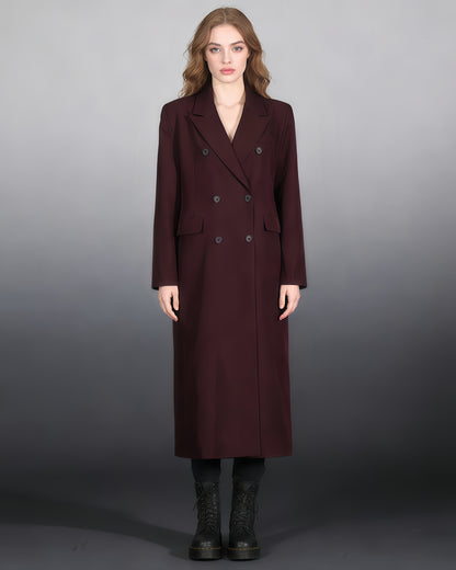 Wine Red Double-Breasted Longline Blazer Coat
