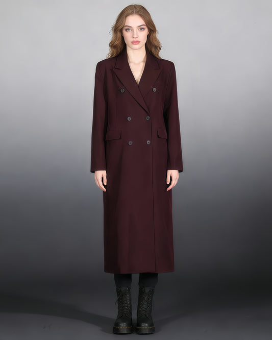 Wine Red Double-Breasted Longline Blazer Coat