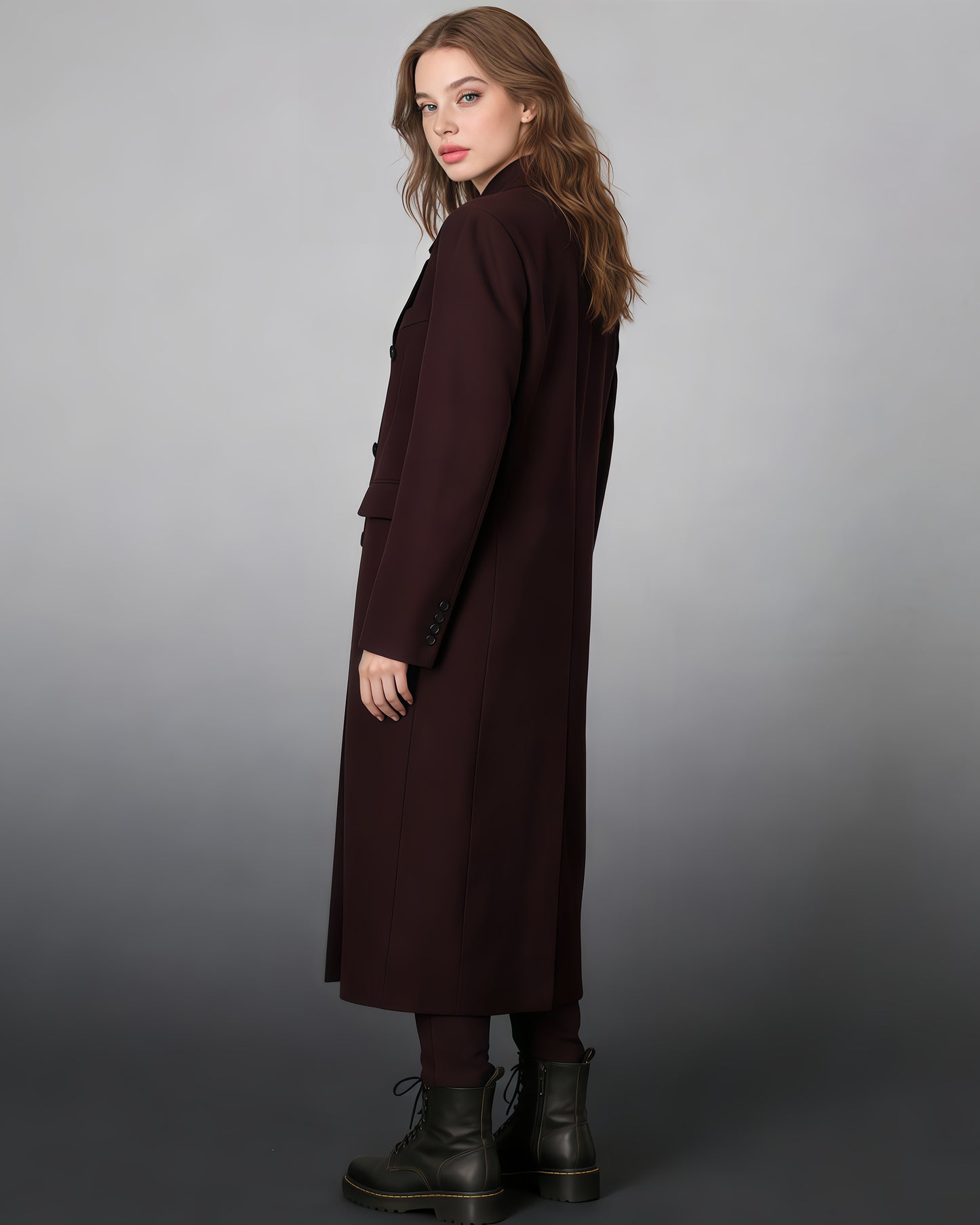 Wine Red Double-Breasted Longline Blazer Coat
