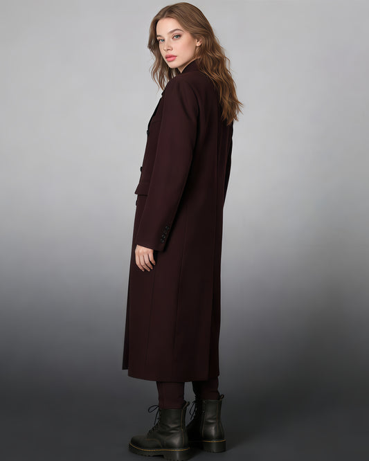 Wine Red Double-Breasted Longline Blazer Coat