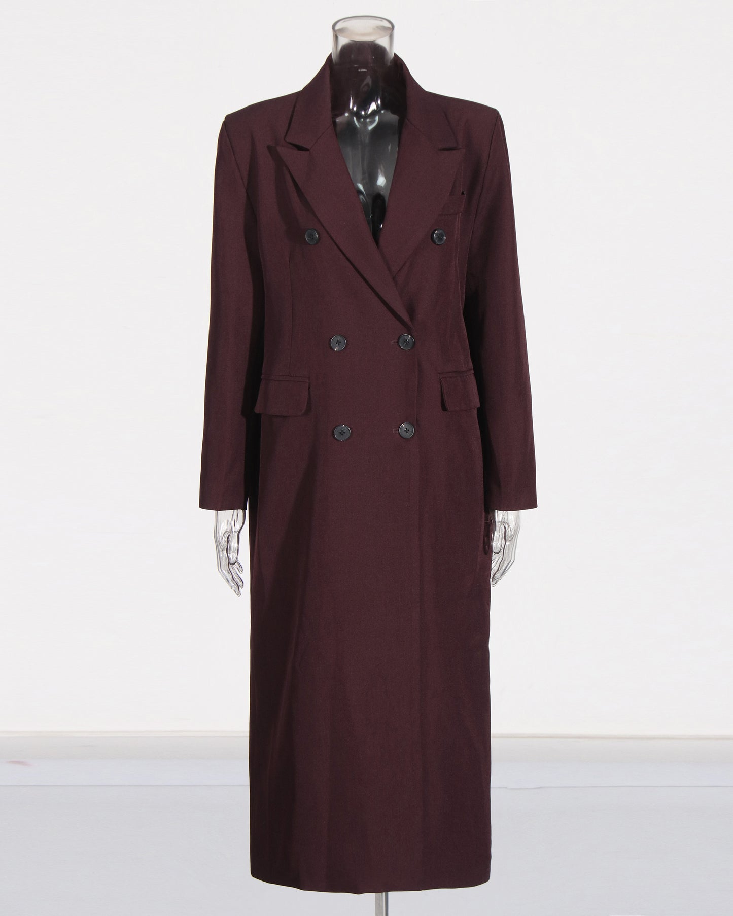Wine Red Double-Breasted Longline Blazer Coat
