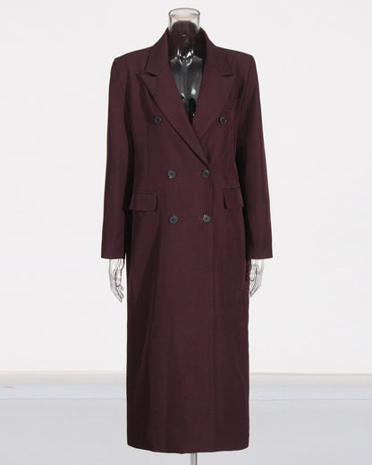 Wine Red Double-Breasted Longline Blazer Coat