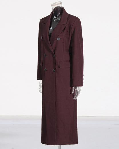 Wine Red Double-Breasted Longline Blazer Coat