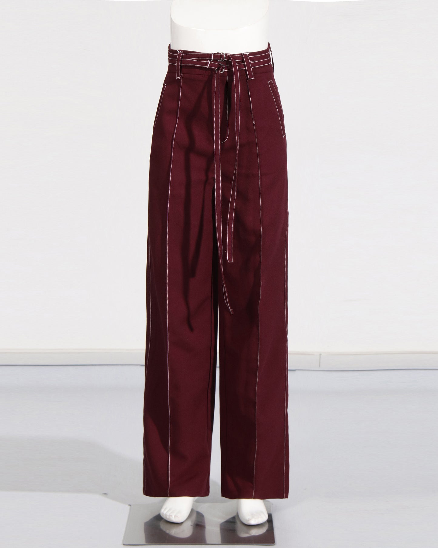 Wine Red Contrast-Stitch Buckle Two-Piece Set