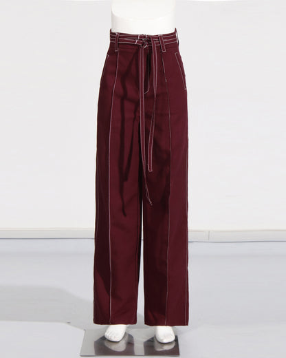 Wine Red Contrast-Stitch Buckle Two-Piece Set