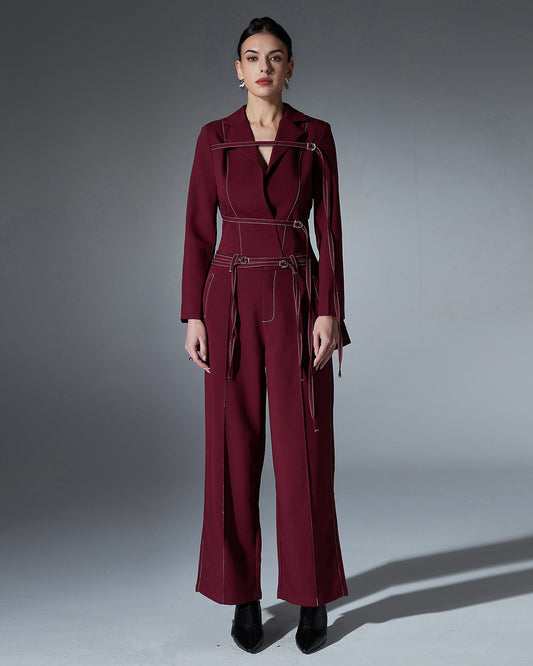 Wine Red Contrast-Stitch Buckle Two-Piece Set