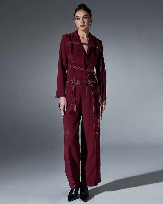 Wine Red Contrast-Stitch Buckle Two-Piece Set