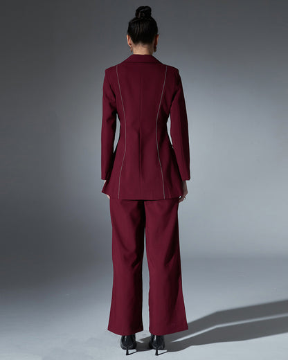Wine Red Contrast-Stitch Buckle Two-Piece Set