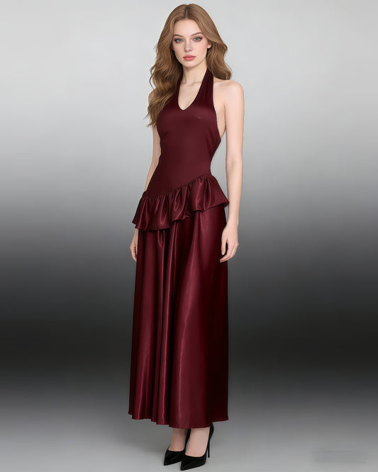 Wine Red Halter Asymmetric Ruffle Satin Maxi Dress