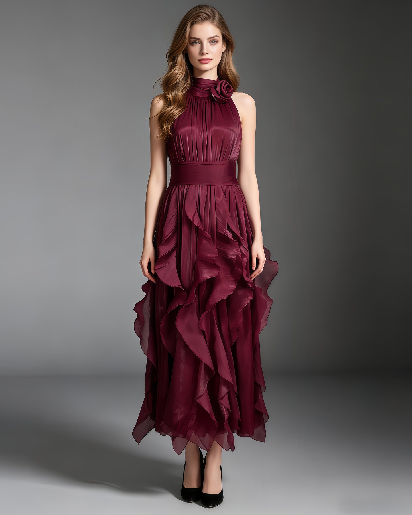 Wine Red Halter Neck Ruffle Midi Dress