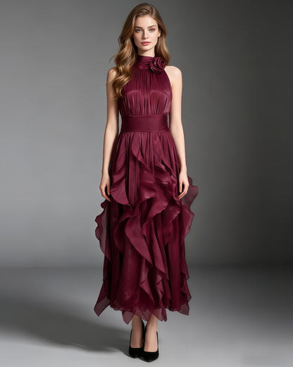 Wine Red Halter Neck Ruffle Midi Dress