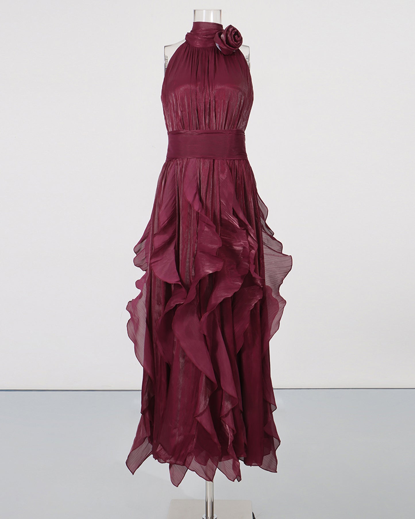 Wine Red Halter Neck Ruffle Midi Dress