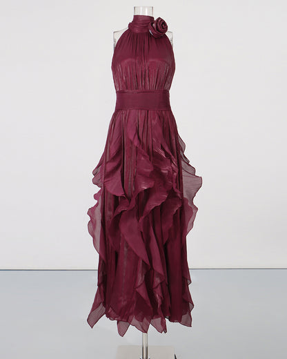 Wine Red Halter Neck Ruffle Midi Dress
