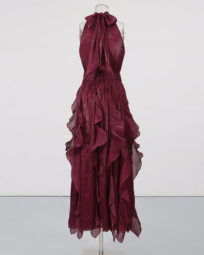 Wine Red Halter Neck Ruffle Midi Dress