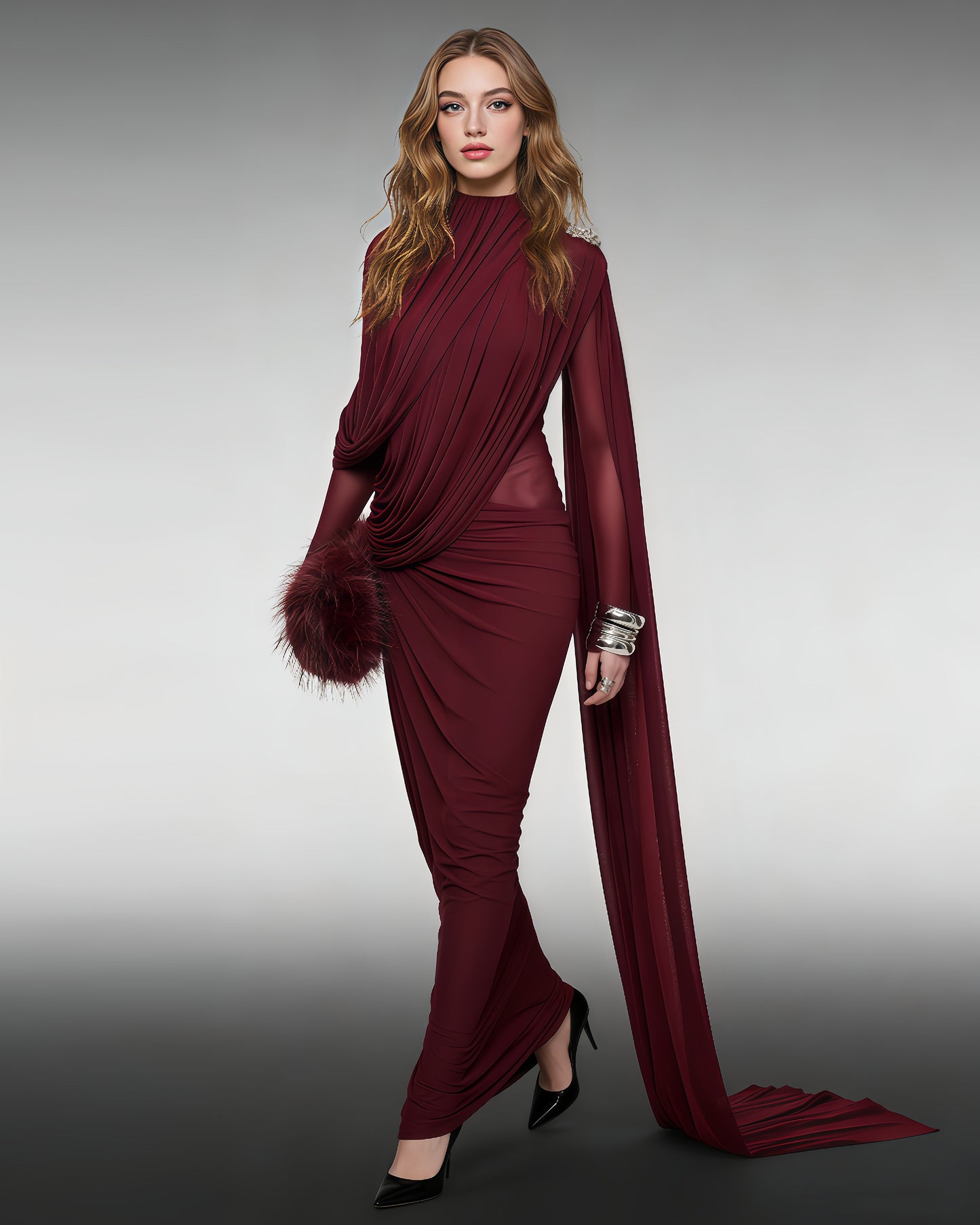 Wine Red High Neck Ruched Trailing Maxi Dress