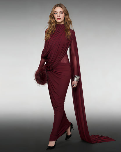 Wine Red High Neck Ruched Trailing Maxi Dress