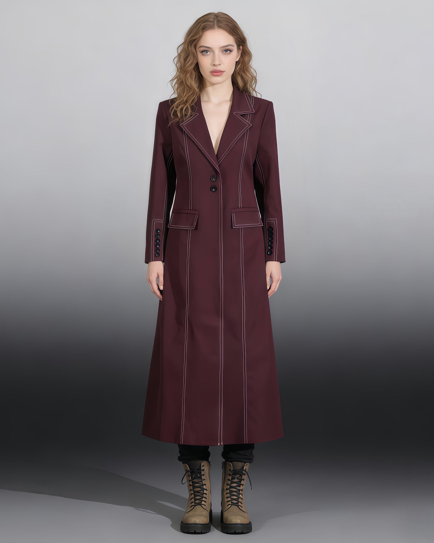 Wine Red Longline Coat with Contrast Stitching