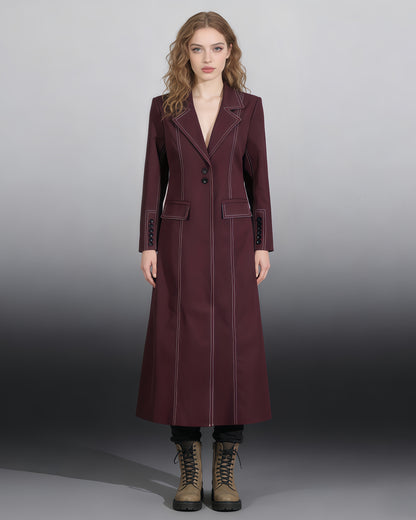 Wine Red Longline Coat with Contrast Stitching