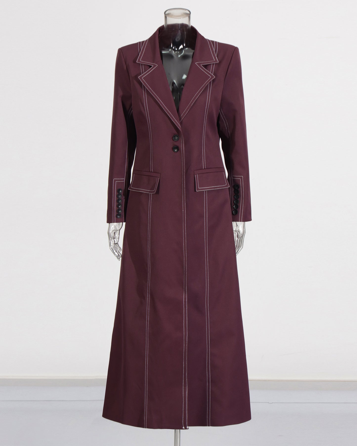 Wine Red Longline Coat with Contrast Stitching