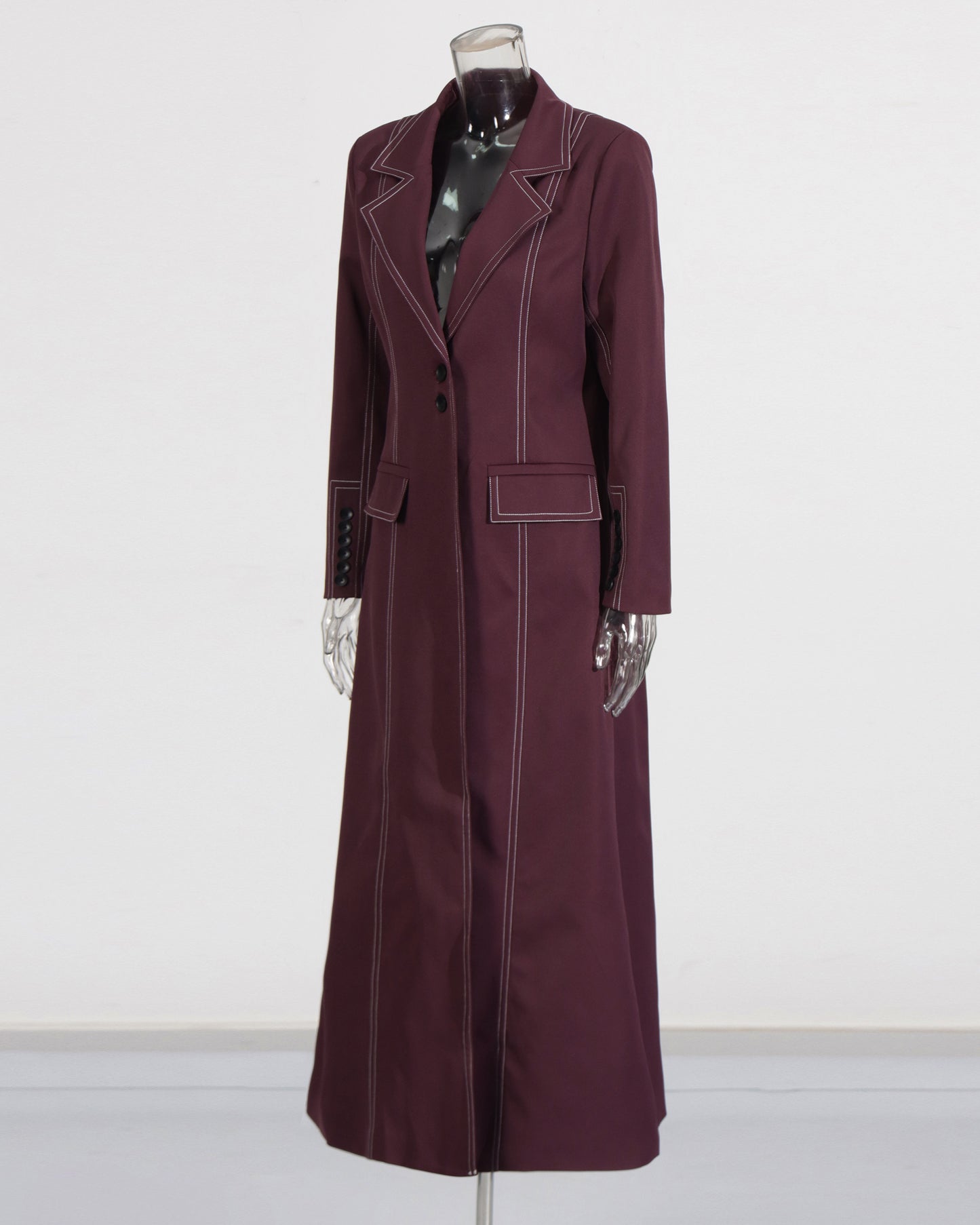Wine Red Longline Coat with Contrast Stitching