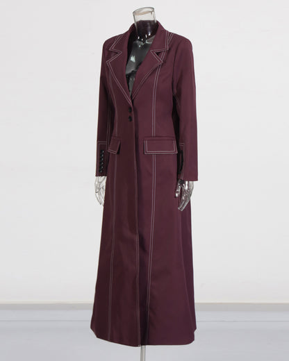 Wine Red Longline Coat with Contrast Stitching