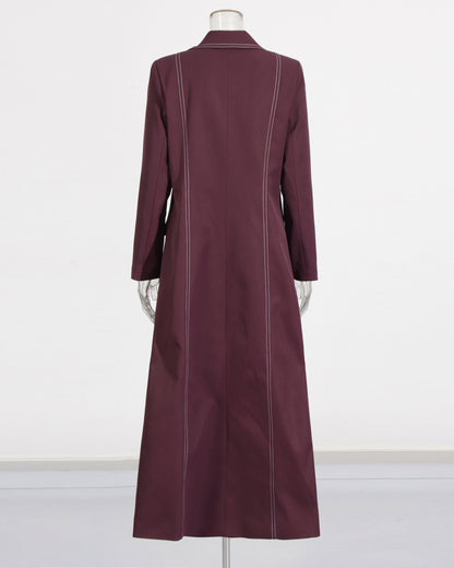 Wine Red Longline Coat with Contrast Stitching