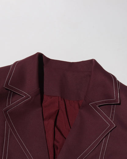Wine Red Longline Coat with Contrast Stitching