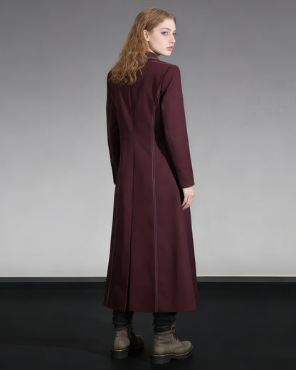 Wine Red Longline Coat with Contrast Stitching