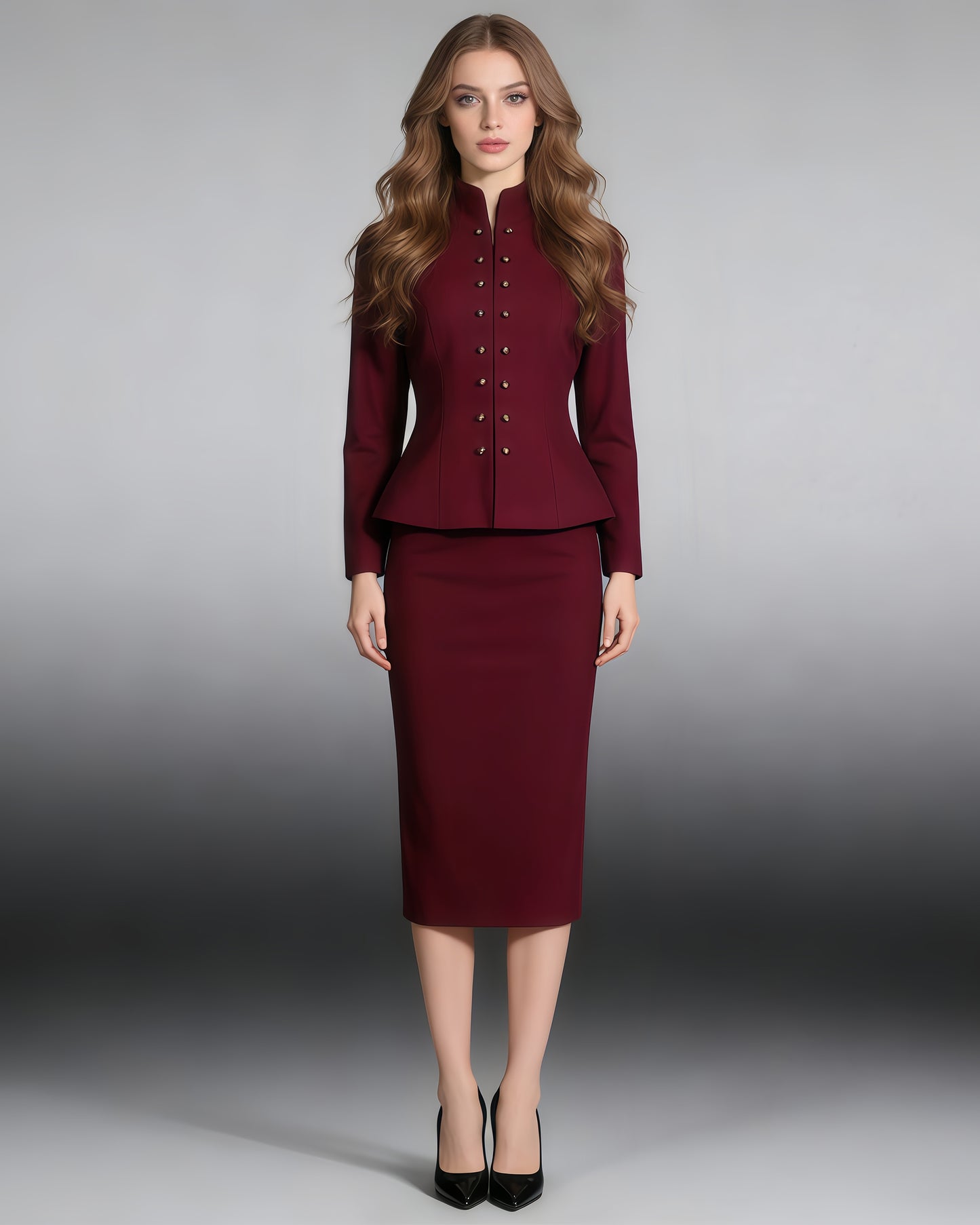 Wine Red Peplum Blazer & Pencil Skirt Set