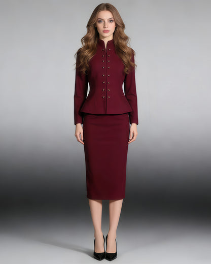 Wine Red Peplum Blazer & Pencil Skirt Set