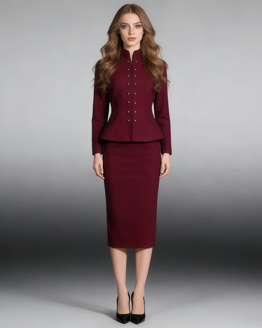 Wine Red Peplum Blazer & Pencil Skirt Set