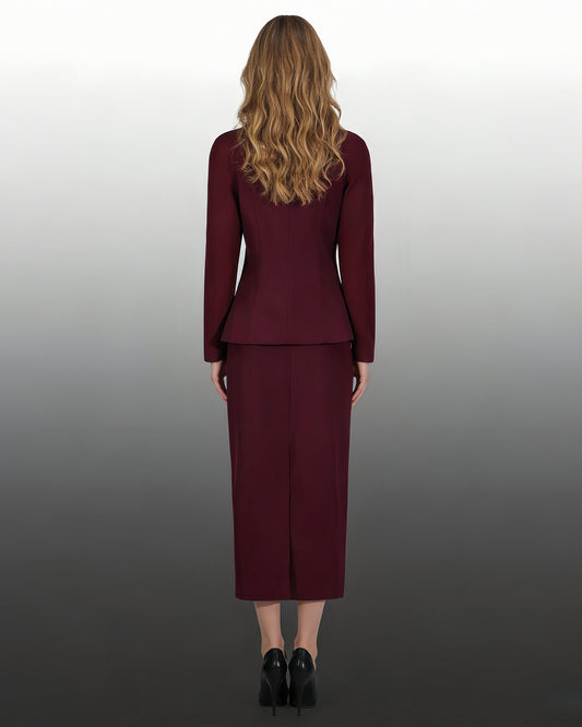Wine Red Peplum Blazer & Pencil Skirt Set