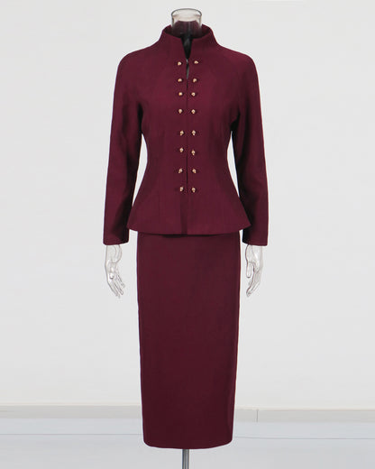 Wine Red Peplum Blazer & Pencil Skirt Set