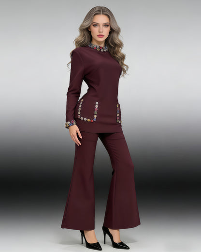 Wine Red Rhinestone Fitted Flared Pants Two-Piece Set