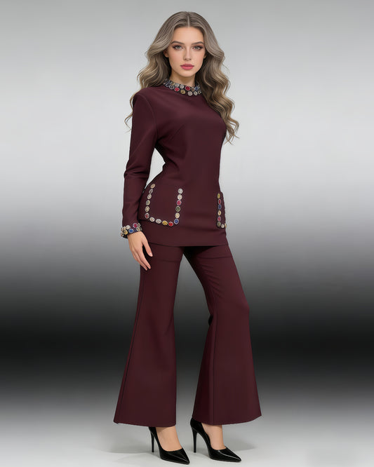 Wine Red Rhinestone Fitted Flared Pants Two-Piece Set