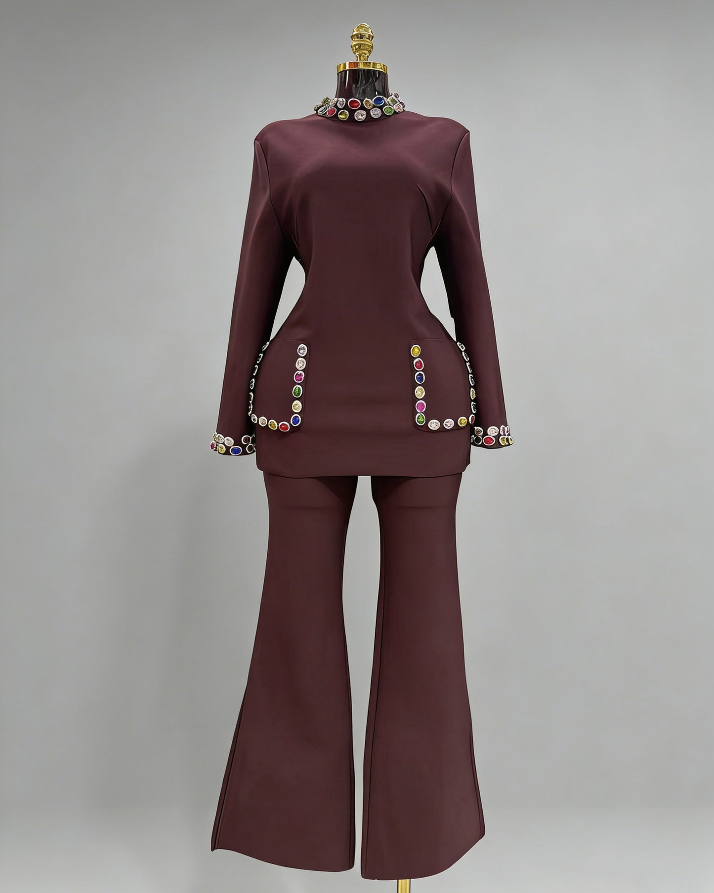 Wine Red Rhinestone Fitted Flared Pants Two-Piece Set