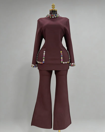 Wine Red Rhinestone Fitted Flared Pants Two-Piece Set