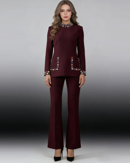 Wine Red Rhinestone Fitted Flared Pants Two-Piece Set