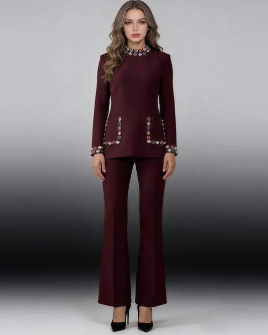 Wine Red Rhinestone Fitted Flared Pants Two-Piece Set
