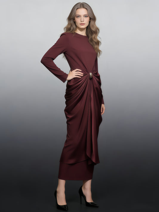 Wine Red Ruched Fitted Midi Dress